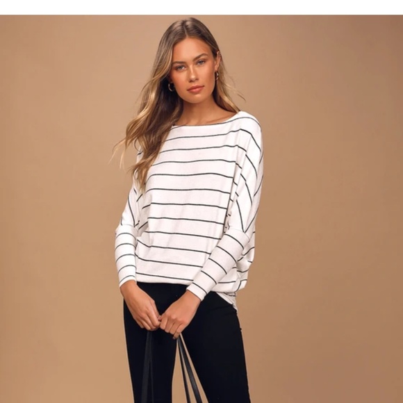 Lulus Basics Verla White And Black Striped Dolman Sleeve Sweater Top - Size M - Picture 3 of 4